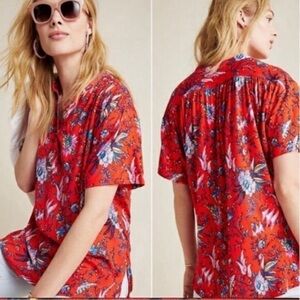 Maeve Anthropologie Windham Red Floral Jersey Tunic Top
